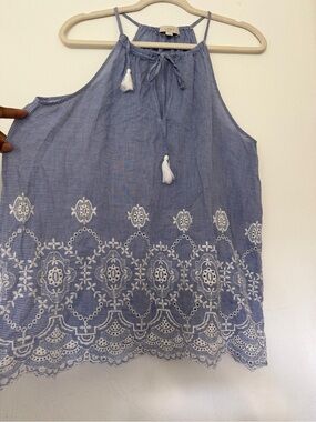 LOFT Blue Striped Halter Tank with White Embroidered Hem
